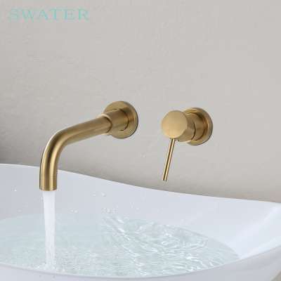 Brass Gold 2 Hole Long Spout Concealed Wall Mounted Face Basin Faucet Brushed