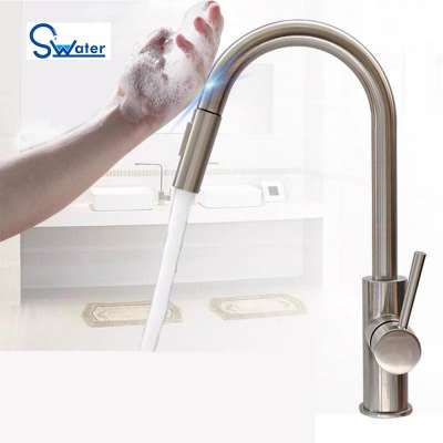 SWATER C10 China factory deck mount gooseneck stainless steel smart touch electrical automatic sensor faucet pull out