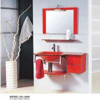 Red Modern Glass Basin with Side Storage Cabinet Tempered Glass Sink Top