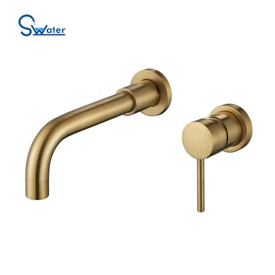 Brushed Gold Brass Wall Mount Bathroom Faucet, European Royal Faucet