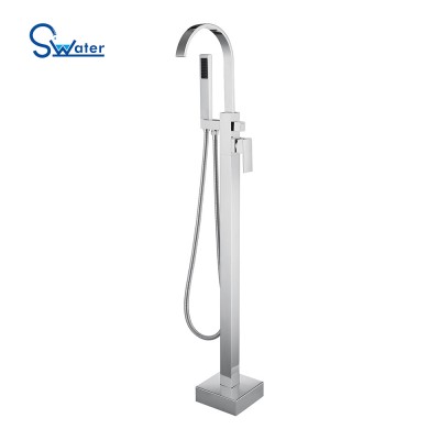 Swater chromed waterfall and flowing water floor standing bathtub faucet for jaccuzi