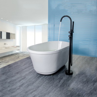 New design cheap matte black floor installed brass freestanding bathtub faucet with dual handheld shower